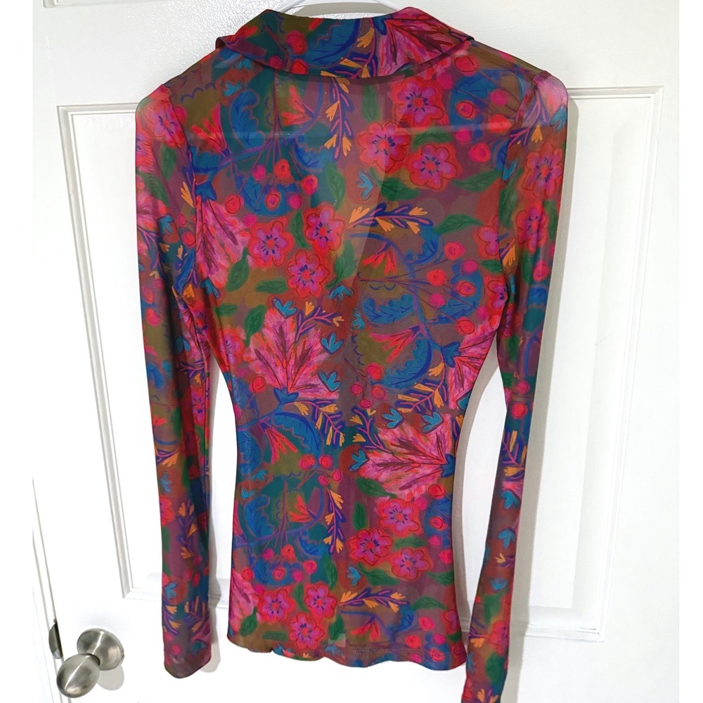 Natural Life Floral Mesh Ruched Button Front Long Sleeve Top Small Multicolor - Picture 2 of 4